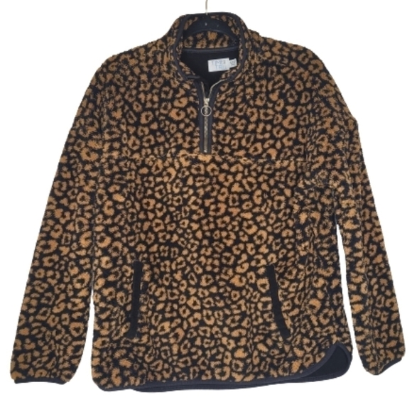 Time and Tru Sweaters - Teddy Leopard Print Zip Pullover Sweater